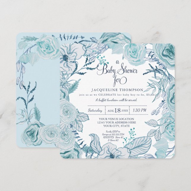 Invitación Baby Boy Shower Blue Watercolor Floral Foliage (Anverso / Reverso)