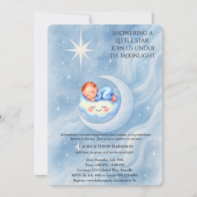 Invitación Baby Boy Shower Invitan a la Moonlight Stars Water (Anverso)
