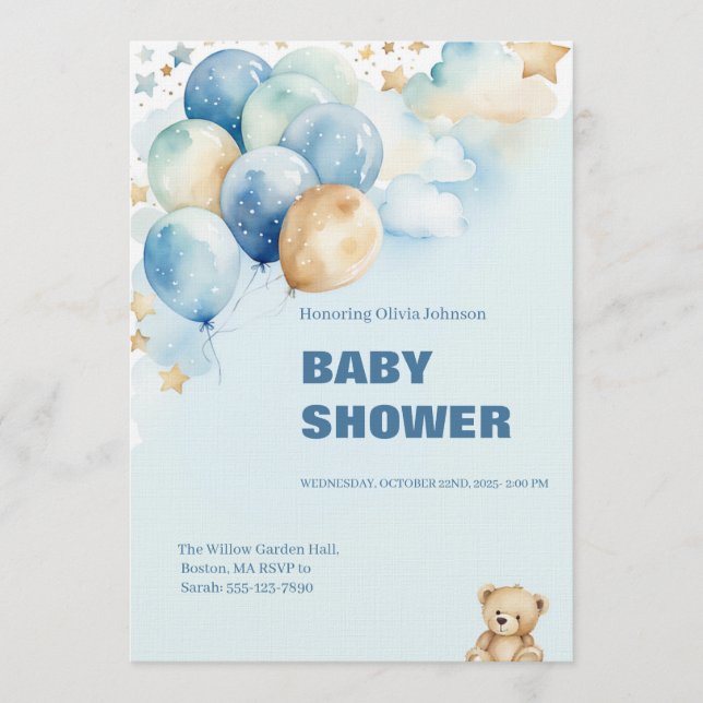 Invitación Baby Boy Shower Invitation | Blue Teddy Bear (Anverso)