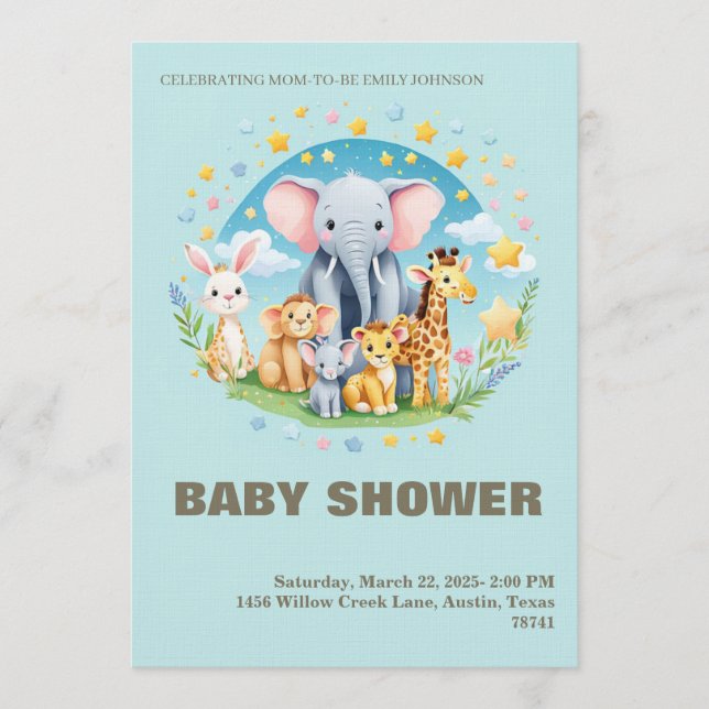 Invitación Baby Boy Shower Invitation Cartoon Animals (Anverso)