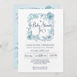 Invitación Baby Boy Shower Navy con Aqua Blue Watercolor Flor