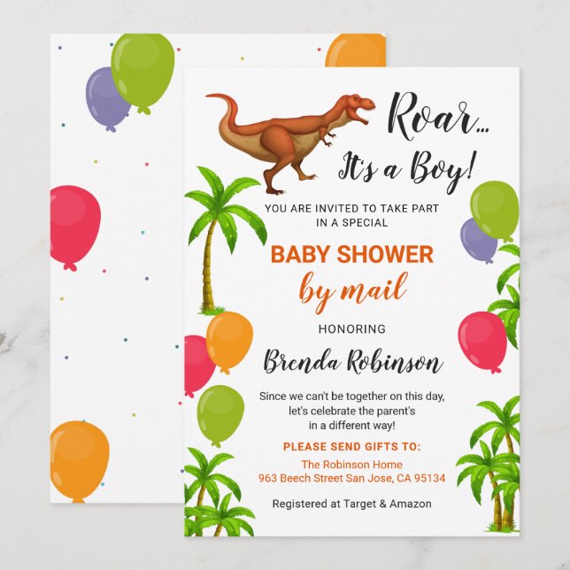 Invitación Baby Boy Shower por correo Roar Jungle Dinosaur (Anverso / Reverso)