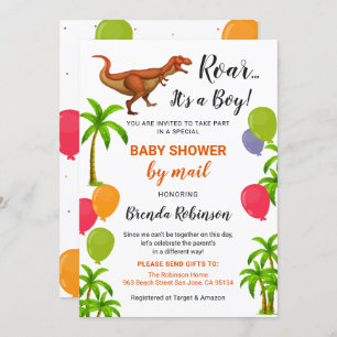 Invitación Baby Boy Shower por correo Roar Jungle Dinosaur