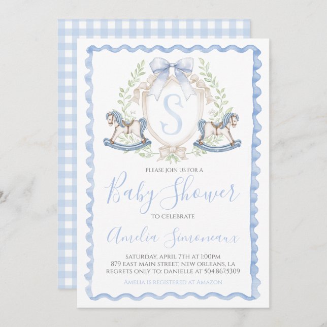 Invitación Baby Boy Shower Rocke Horse Preppy Gingham Blue (Anverso / Reverso)