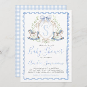 Invitación Baby Boy Shower Rocke Horse Preppy Gingham Blue