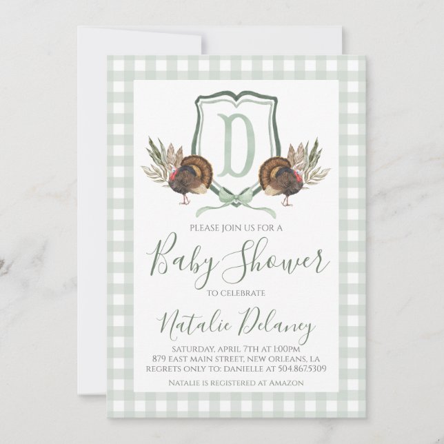 Invitación Baby Boy Shower Turquía Green Gingham meridional (Anverso)
