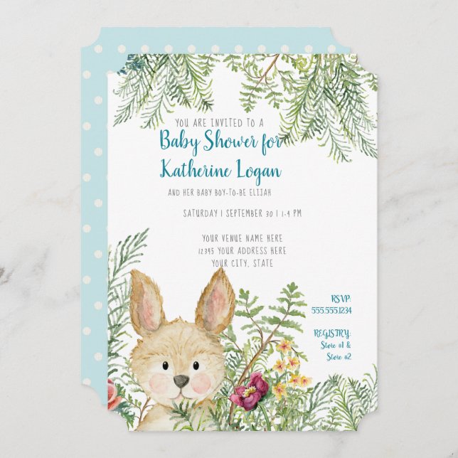 Invitación Baby Boy Shower Woodland Animal Rabbit Forest Fern (Anverso / Reverso)
