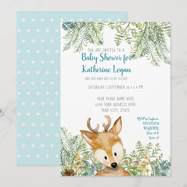 Invitación Baby Boy Shower Woodland Forest Deer Forest Fermes (Anverso / Reverso)