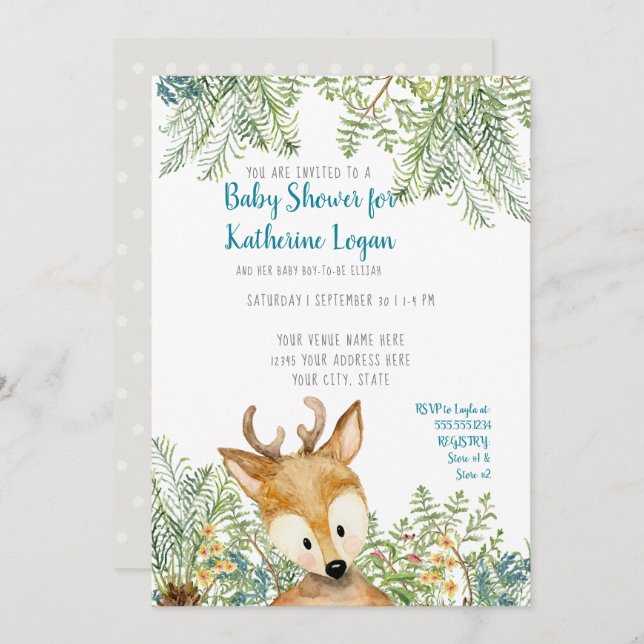 Invitación Baby Boy Shower Woodland Forest Deer Forest Grey (Anverso / Reverso)