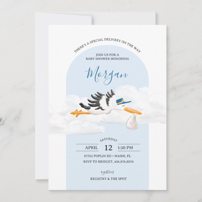 Invitación Baby Boy Special Delivery Stork Baby Shower (Anverso)