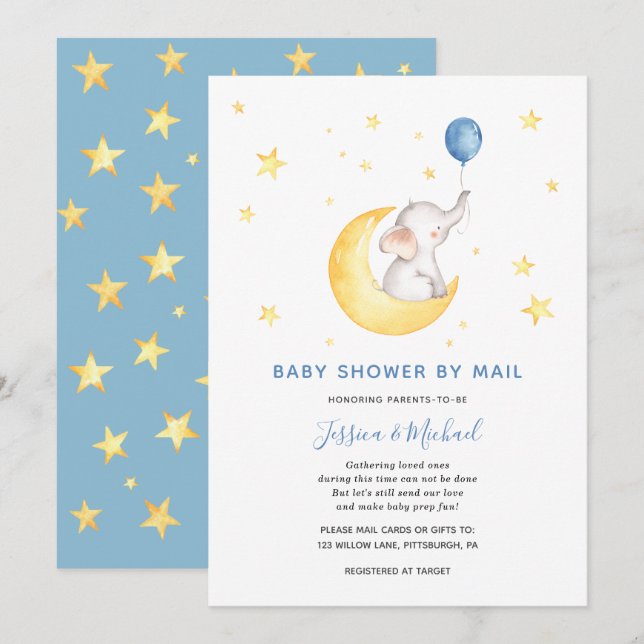 Invitación Baby Boy Star Elephant Baby Shower por correo (Anverso / Reverso)