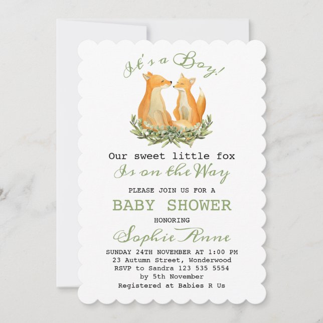 Invitación Baby Boy Sweet Fox Woodland Baby Shower (Anverso)