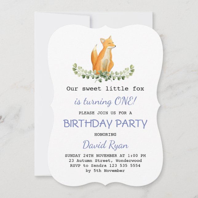 Invitación Baby Boy Sweet Fox Woodland Birthday Party (Anverso)