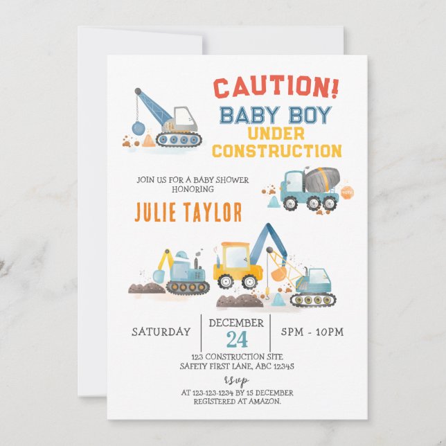 Invitación Baby Boy under Construction, Truck Boy Baby Shower (Anverso)