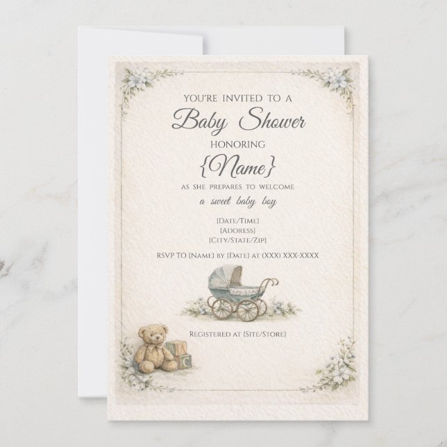 Invitación Baby Boy Vintage Baby Shower Invitation (Anverso)