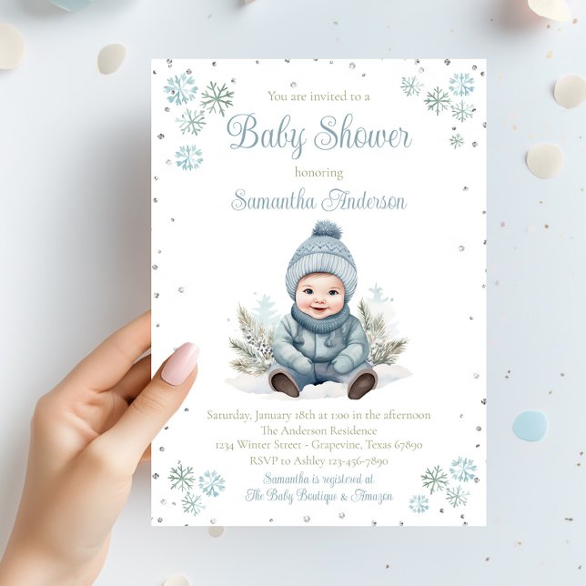 Invitación Baby Boy Winter Snowflake Baby Shower (Boy winter snowflake baby shower invitation. Simply add your event details.)