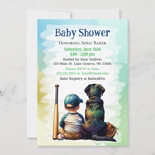 Invitación Baby Boy y Black Lab Baseball Baby Shower (Anverso)