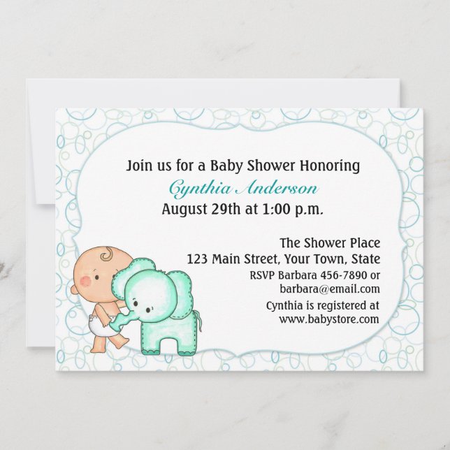 Invitación Baby Boy y Elephant Baby Shower (Anverso)