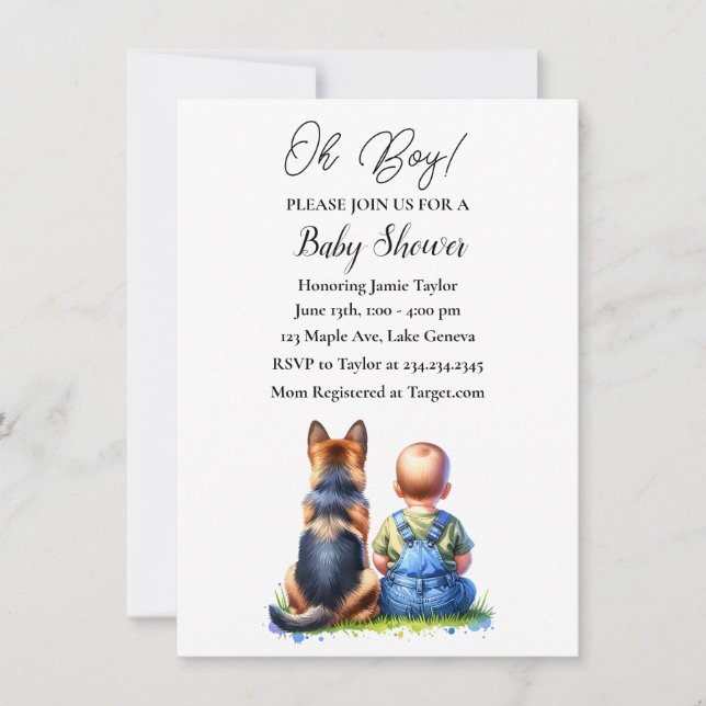 Invitación Baby Boy y su alemán Shepherd Puppy Baby Shower (Anverso)