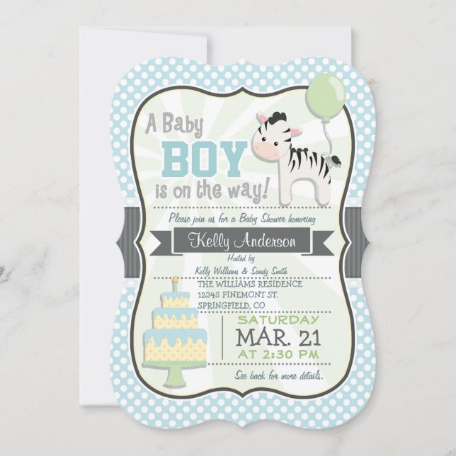Invitación Baby Boy Zebra, Pastel Baby Shower Invite (Anverso)