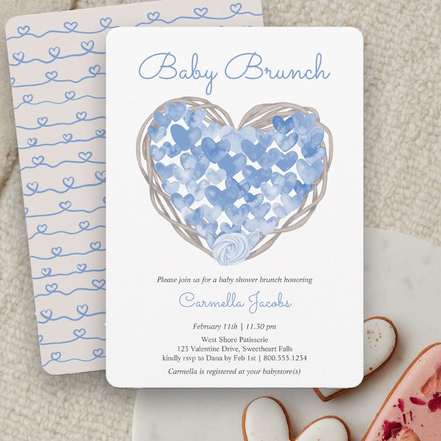 Invitación Baby Brunch Blue Hearts Rustic Boy Baby Shower (Baby Brunch Rustic Blue Heart Baby Shower Invitation)