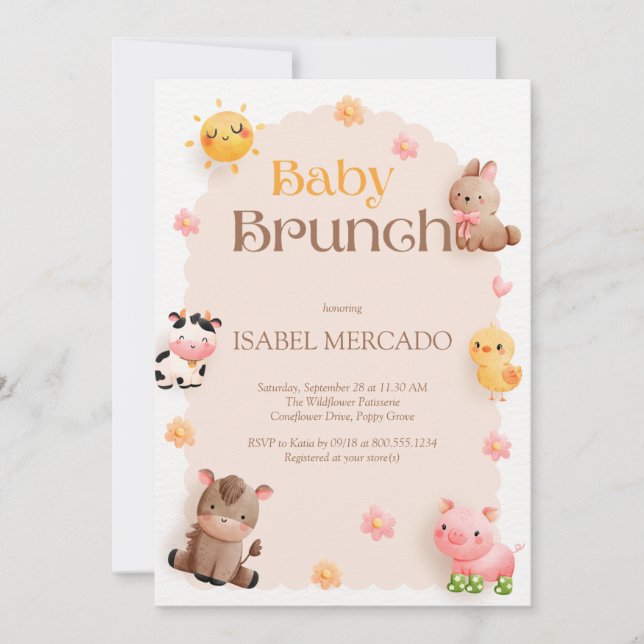 Invitación Baby Brunch Farm Animals Baby Shower (Anverso)