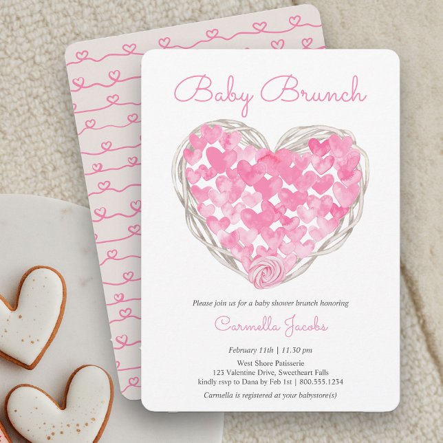 Invitación Baby Brunch Pink Hearts Rustic Chica Baby Shower (Baby Brunch Rustic Pink Heart Baby Shower Invitation)