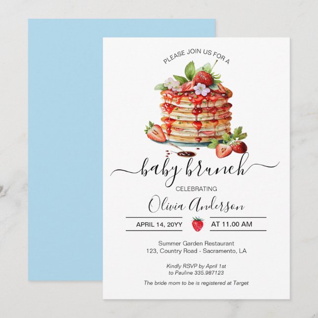 Invitación Baby Brunch Shower pancake blue (Anverso / Reverso)