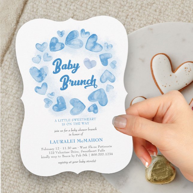 Invitación Baby Brunch Valentines Heart Boy Baby Shower (Baby Brunch Blue Heart Baby Shower Invitation)