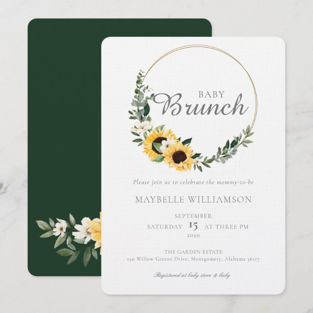 Invitación Baby Brunch Watercolor Sunflower Baby Shower (Anverso / Reverso)