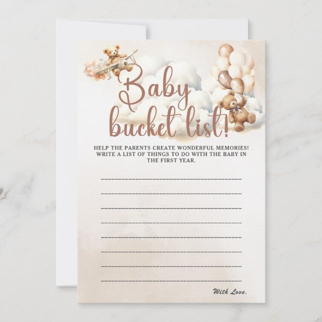 Invitación BABY BUCKET LIST Baby Shower Game Cuear Bear (Anverso)