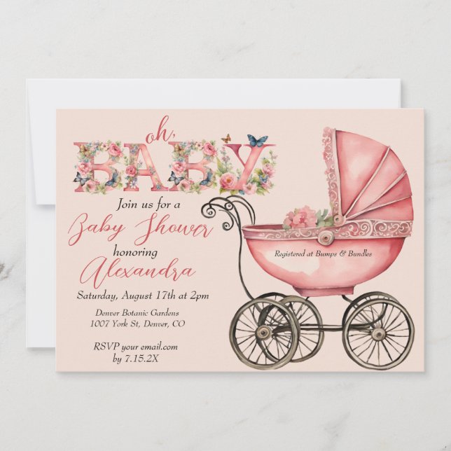 Invitación Baby Buggy Chica Baby Shower (Anverso)