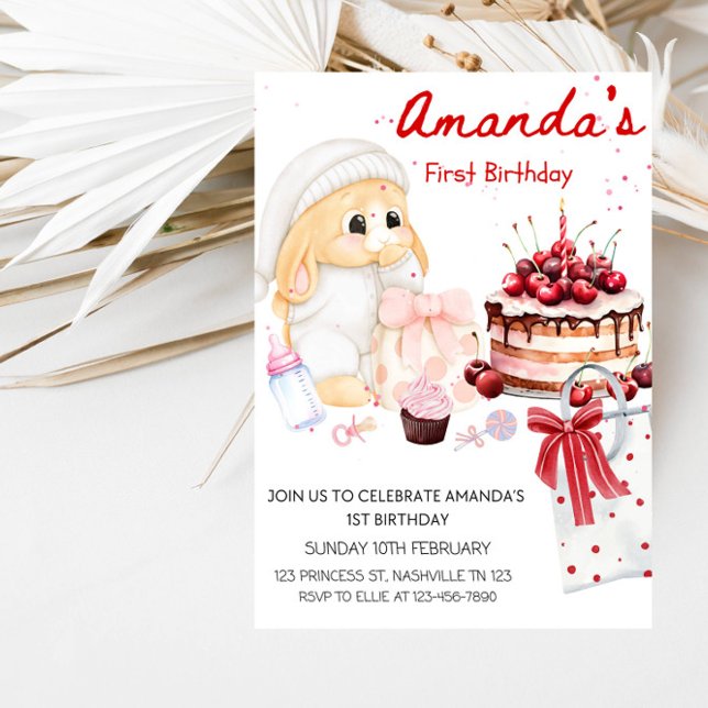 Invitación Baby Bunny & Cake Girl’s 1st Birthday Party  (Subido por el creador)
