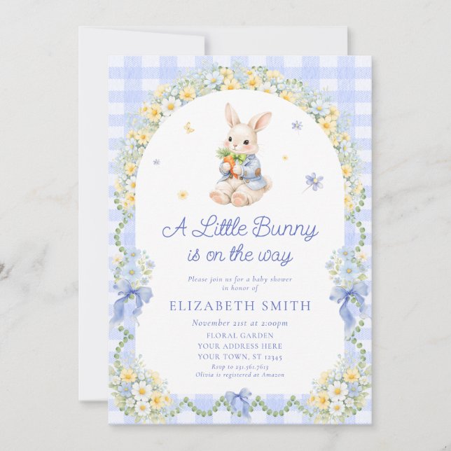 Invitación Baby Bunny Cute Rabbit Gingham Boy Baby Shower (Anverso)
