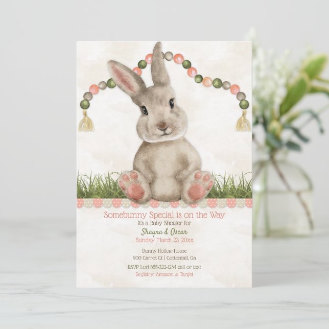 Invitación Baby Bunny Peach Ivory (Anverso de pie)