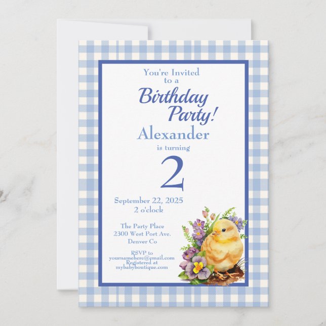 Invitación Baby Chick Boys Blue Birthday Party (Anverso)