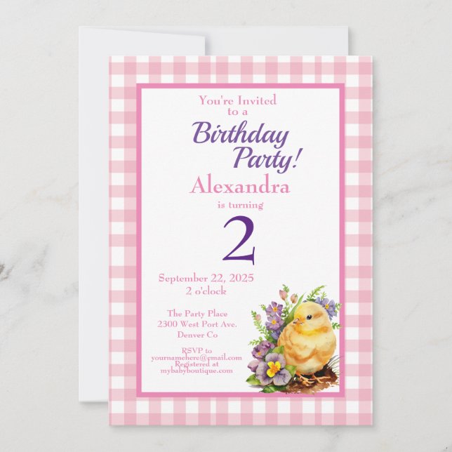 Invitación Baby Chick Pink Birday Party (Anverso)
