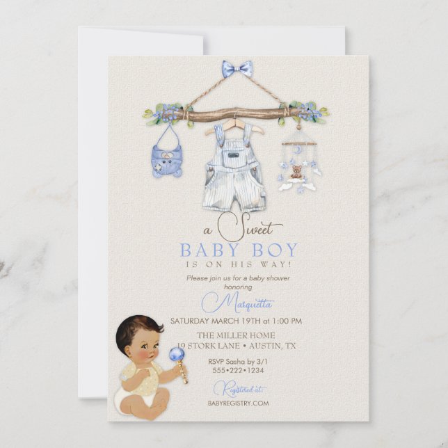 Invitación Baby Clothes Boy Baby Shower Ivory Blue (Anverso)