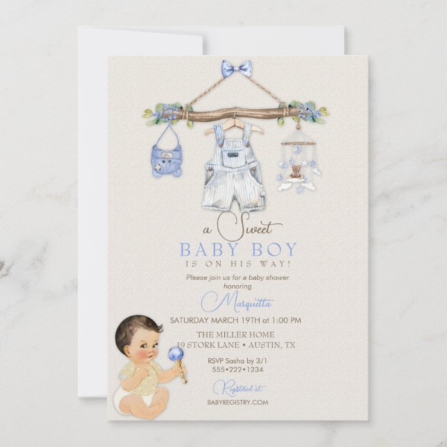 Invitación Baby Clothes Boy Baby Shower Ivory Blue (Anverso)