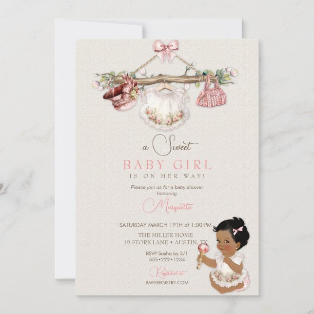 Invitación Baby Clothes Chica Baby Shower Ivory Pink (Anverso)