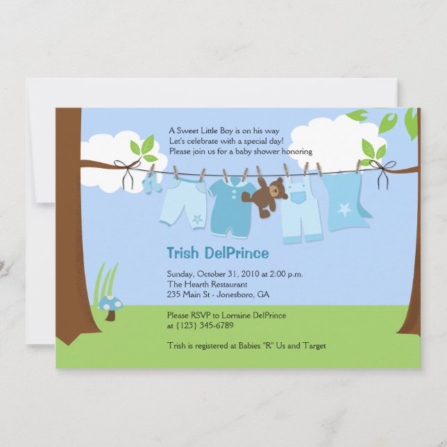 Invitación Baby Clothesline Blue BOY 5x7 Baby Shower (Anverso)