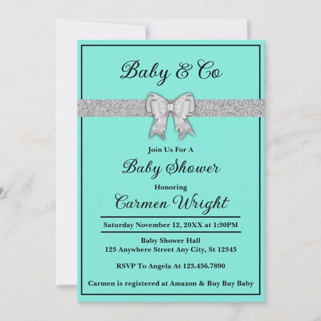 Invitación Baby & Co Turquoise & Silver Purpurina Baby Shower (Anverso)