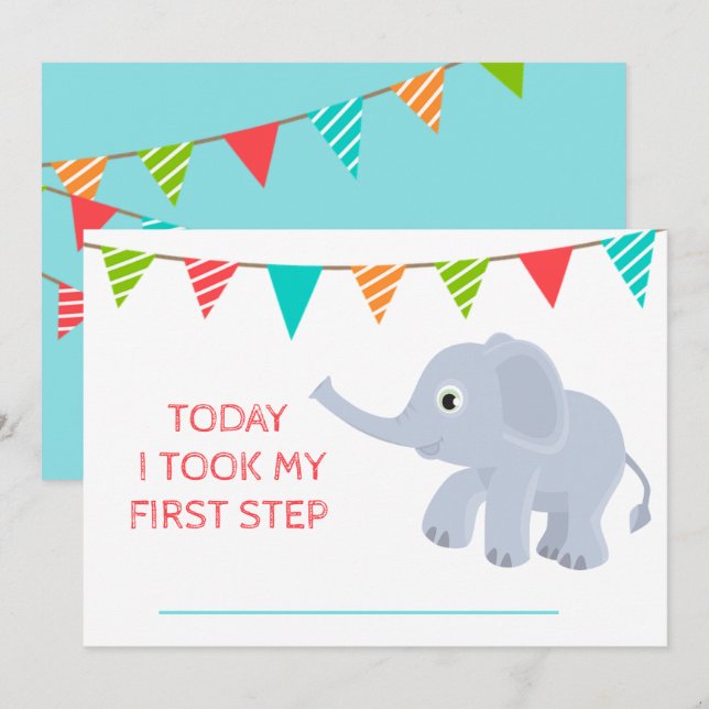 Invitación Baby Cute Monthly Growth Elephant Azul (Anverso / Reverso)