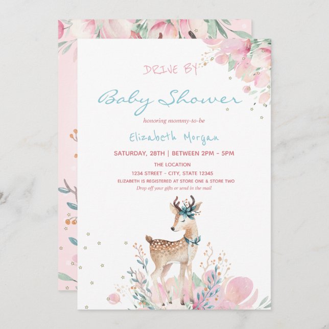 Invitación Baby Deer Floral Drive Por Baby Shower (Anverso / Reverso)