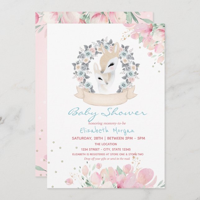 Invitación Baby Deer Floral Drive Por Baby Shower (Anverso / Reverso)