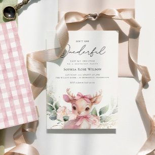 Invitación Baby Deer Floral Pink Bow Maravilloso Primer cumpl