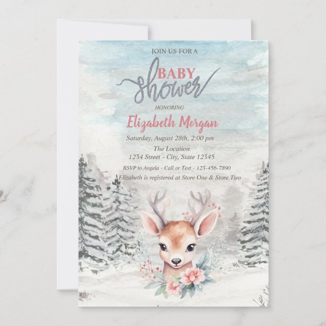 Invitación Baby Deer Flower Forest Snow Baby Shower   (Anverso)