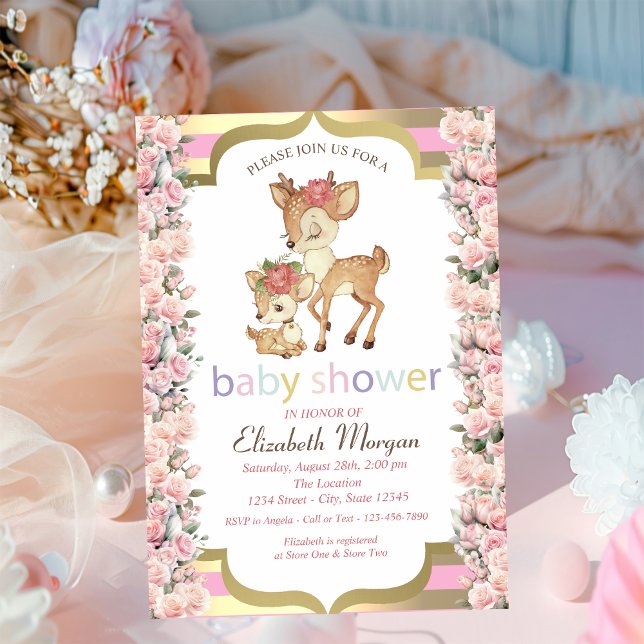 Invitación Baby Deer Flower Gold Striers Rosas Baby Shower (Subido por el creador)