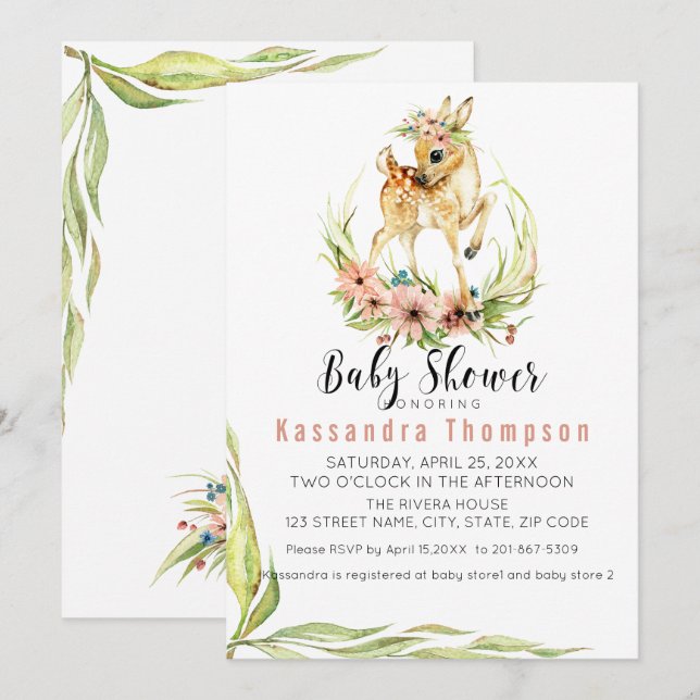 Invitación Baby Deer For A Baby Girl Baby Shower (Anverso / Reverso)