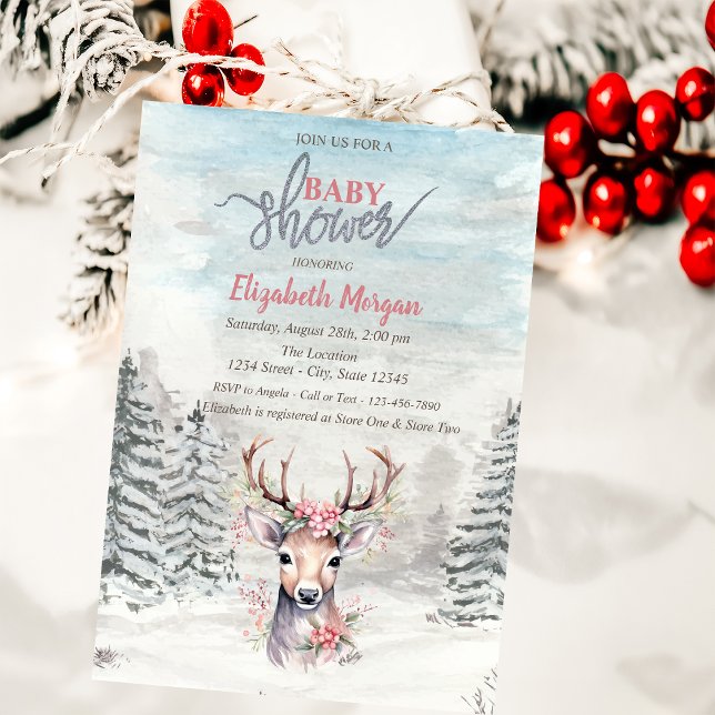 Invitación Baby Deer Holly Berry Forest Snow Baby Shower (Subido por el creador)